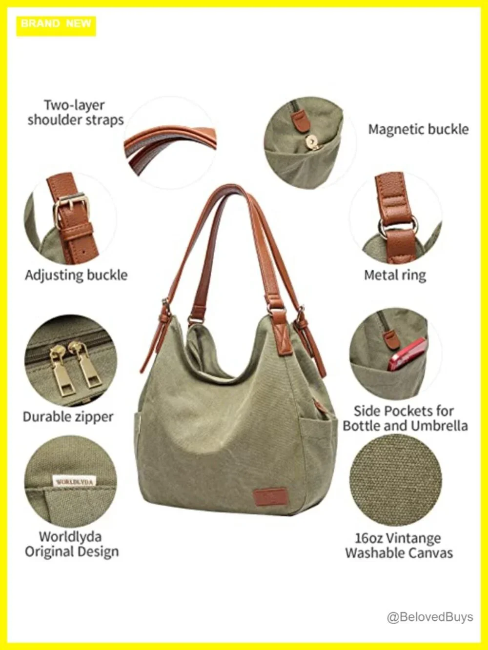 Canvas Hobo Tote Multi Pocket Shoulder Bag with Embroidery